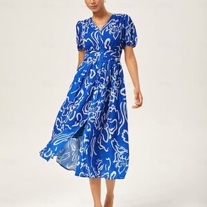 Abstract Art Like Design Maxi Dress, Linen Like Fabric Waist Cinching